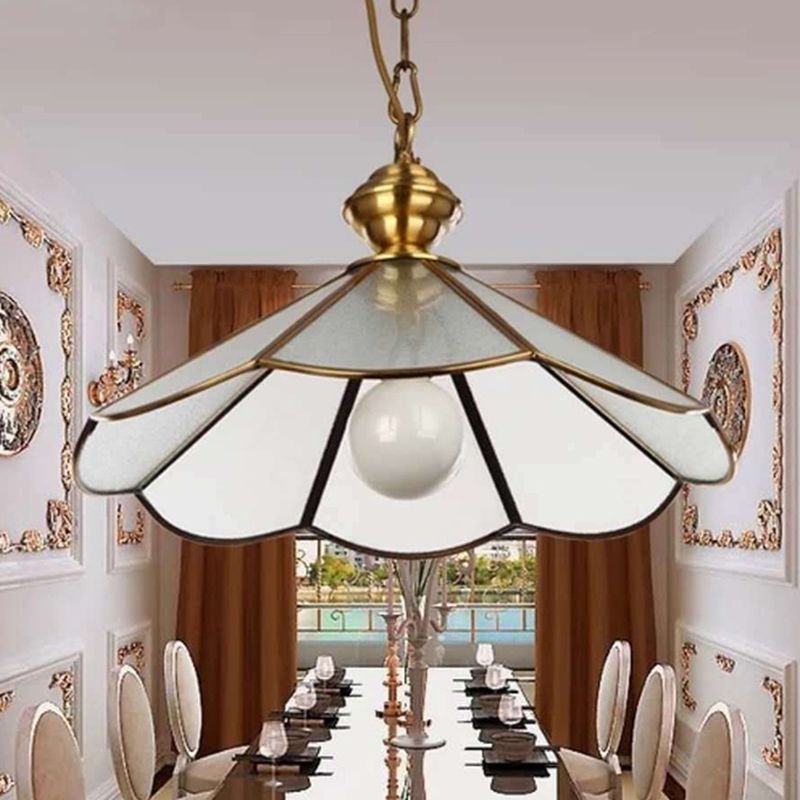 Gold Flared Suspension Lighting Traditional Frosted Glass 1 Head Dining Room Hanging Pendant Lamp