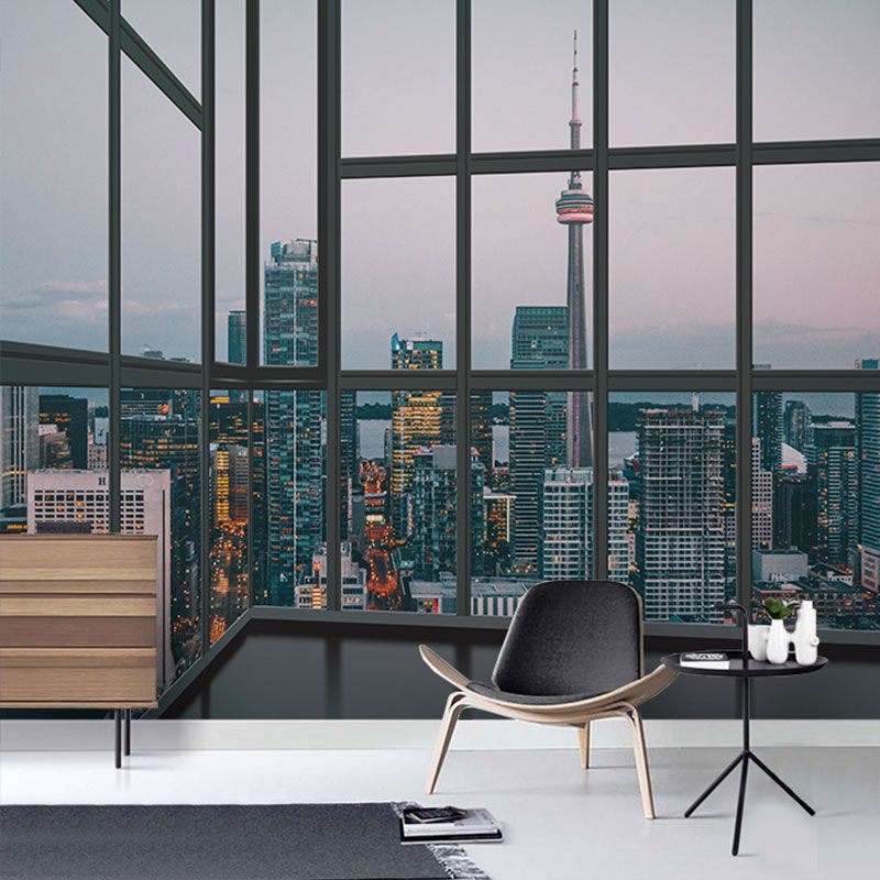 Whole Wall Mural Contemporary 3D Print City View from Office Wall Art in Natural Color