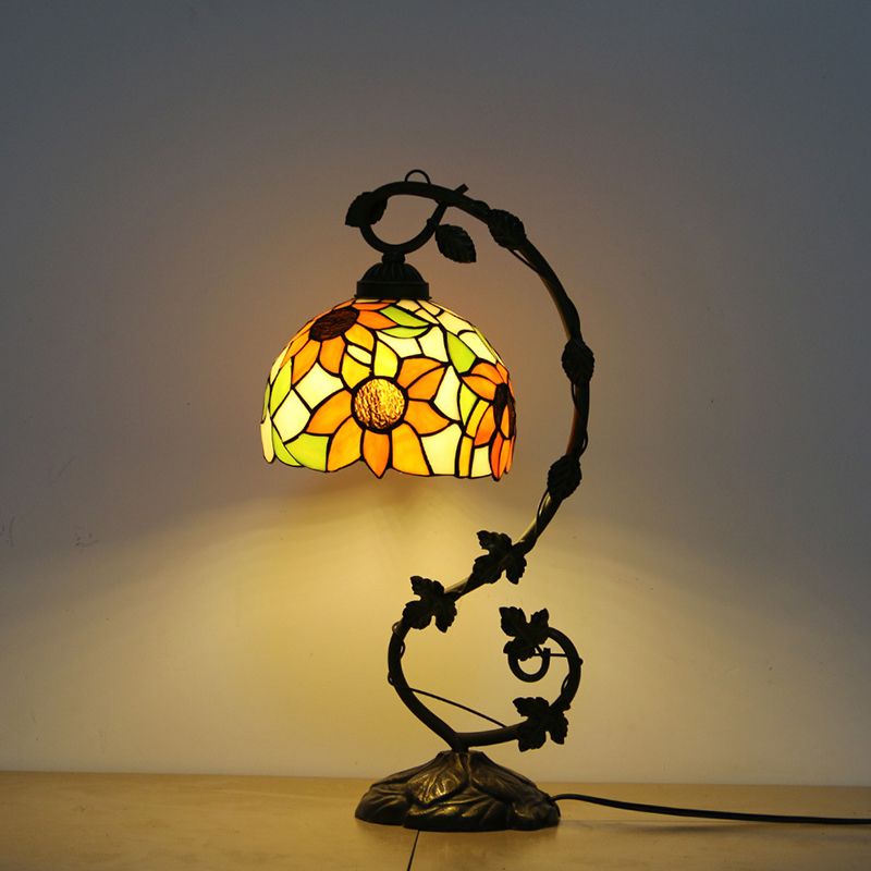 Tiffany Style Gooseneck Table Lamp 1 Bulb Stained Glass Nightstand Light with Dome Shade