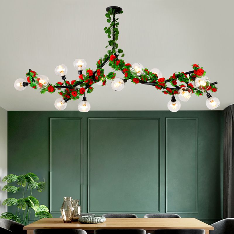 Sputnik Esszimmer Halbmontage Beleuchtung Loft Metal 15 Köpfe grüne Deckenmontage mit rot/rosa Blumenrebe