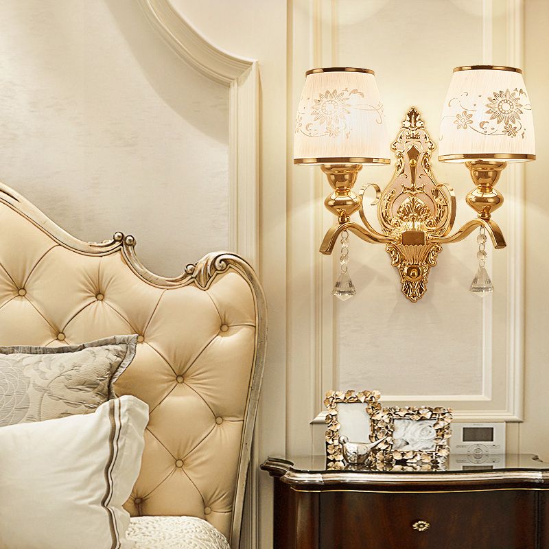 Patterned Glass Gold Wall Light Fixture Tapered Traditional Wall Sconce for Bedroom