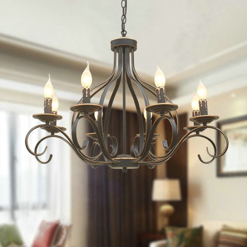 8 Lights Metal Hanging Chandelier Traditional Black Candle-Style Living Room Pendant Light Fixture
