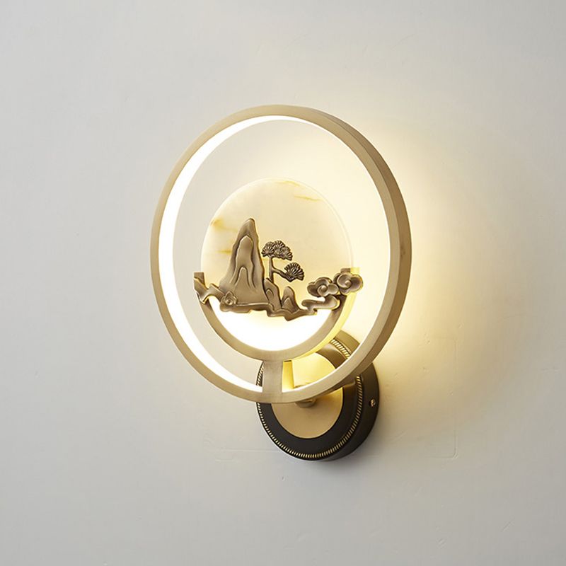 New Chinese Style Jade Wall Light Circle Shape Wall Lamp with Acrylic Shade for Bedroom