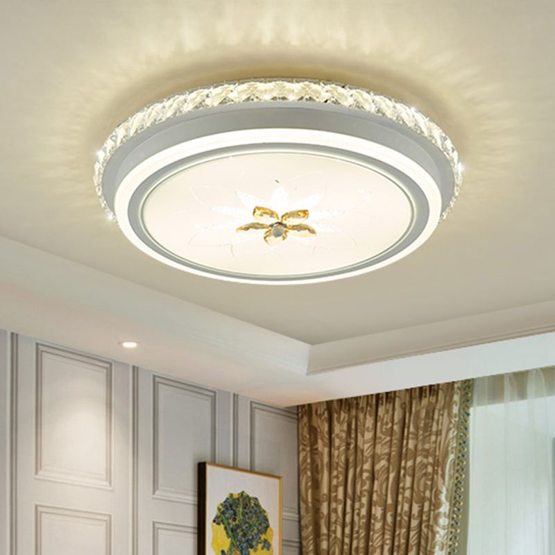 White Finish Round Ceiling Mounted Fixture Simplicity LED Metal Flush Lighting with Flower Crystal Decor