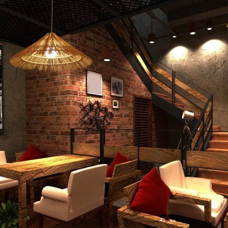 Cone Shaped Restaurant Pendant Lighting Fixture Rattan Asian Hanging Ceiling Light