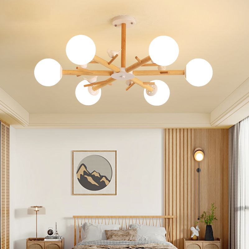 Wood Pendant Light Nordic Style Chandelier Lamp Fixture with Ball Glass Shade