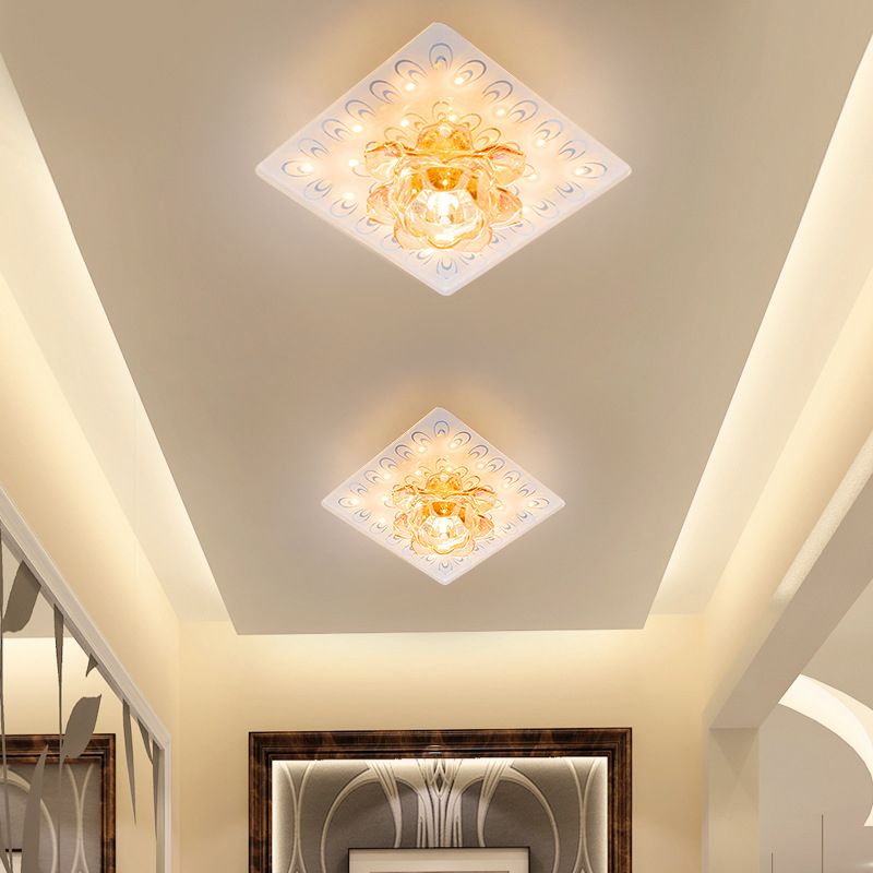 Amber Crystal Lotus Flush Ceiling Light Modern LED Flush Mount Lighting in Warm/White Light with Peacock Pattern