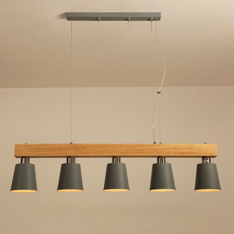 Linear Wooden Island Light Fixture Nordic Suspension Light with Tapered Metal Shade