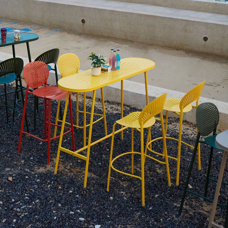 Industrial Outdoor Oval Bar Dining Table Metal Bar Table with Trestle Base