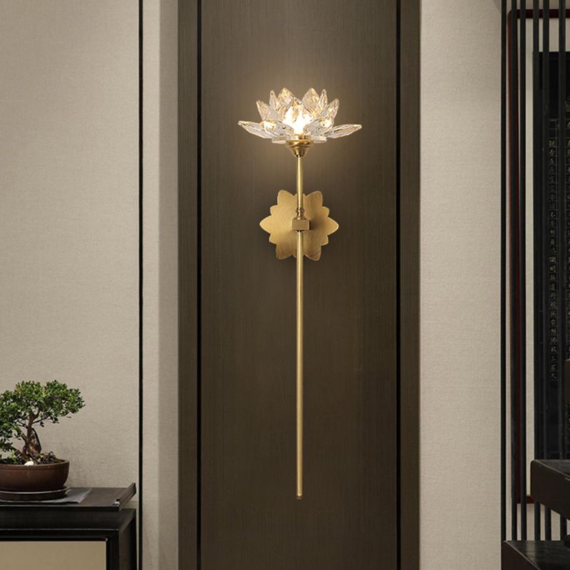 1 Light Lotus Wall Sconce Lighting Traditional Gold Clear Crystal LED Wall Light Fixture for Bedroom, 16"/23.5" H