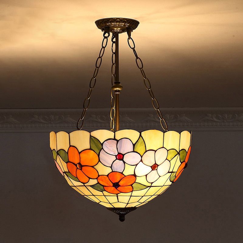 Bowl Shade Suspension Lighting Stained Art Glass Tiffany-Style Pendant Ceiling Light
