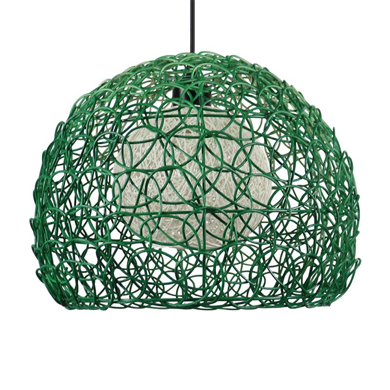 Globe Cage Hanging Light Kit Modern Rattan 1 Head Green Finish Pendant Lamp Fixture for Restaurant