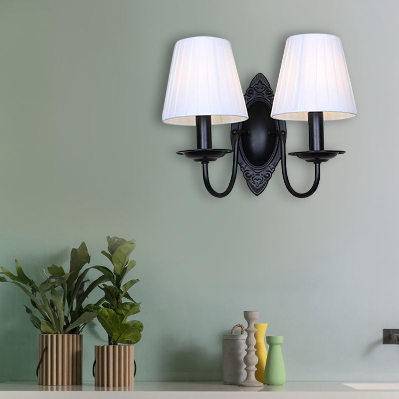 Tapered Bedroom Sconce Light Fixture Rustic Fabric 1/2 Lights Flaxen/White Wall Mounted Light