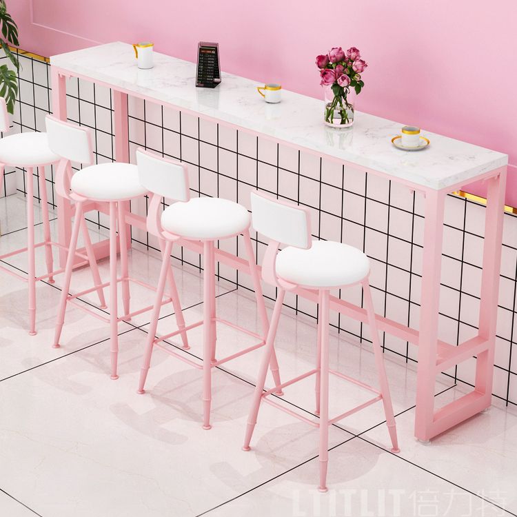 Glam Rectangle Bar Stool Table White Top Pub Table with Pink Base