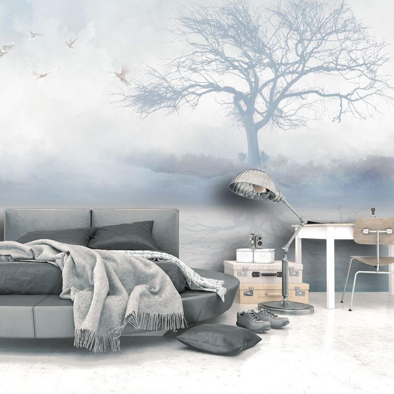 Full Contemporary Wall Mural Decal in Pastel Color Misty Tree Wall Covering, Custom Size Available