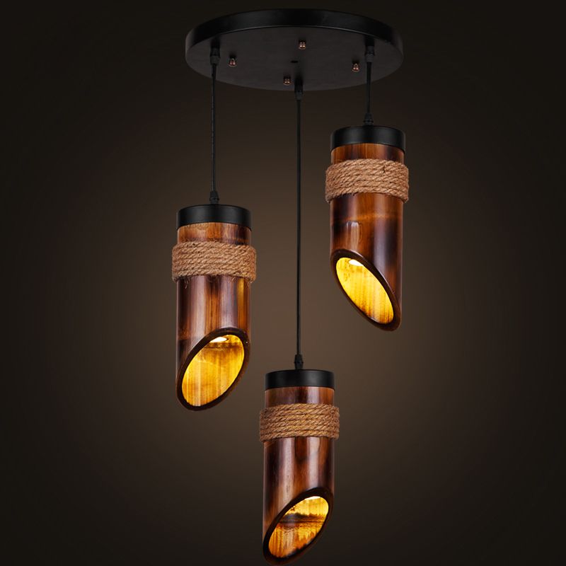 Bamboo Beveled Tube Hanging Light Fixture Factory Dining Room Rope Suspension Lamp in Brown