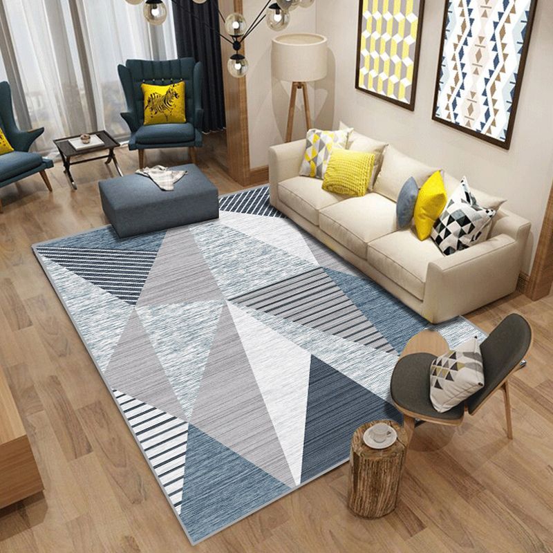 Funky Geometric Pattern Rug with Stripe Blue Modern Rug Polyester Pet Friendly Washable Non-Slip Area Rug for Bedroom