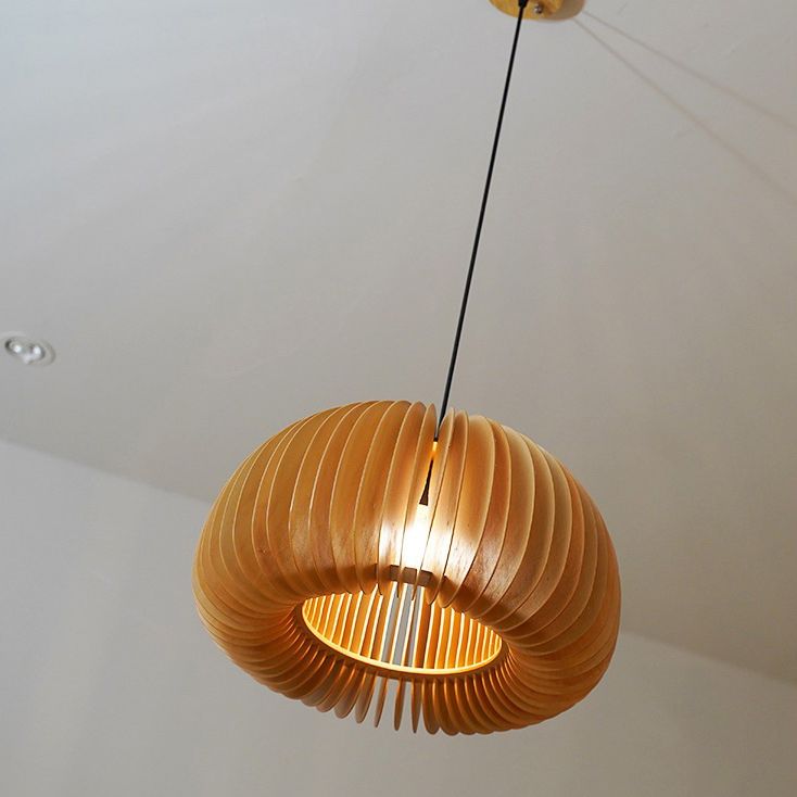 Beige Wood Slatted Hanging Light Chinese Style 1 Light  Restaurant Ceiling Pendant Lamp