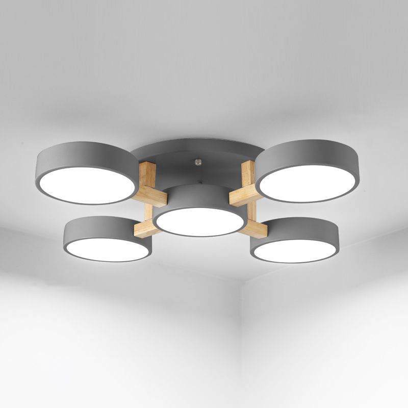 Lámpara de techo minimalista de acrílico con iluminación semimontaje redonda para sala de estar con brazo de madera