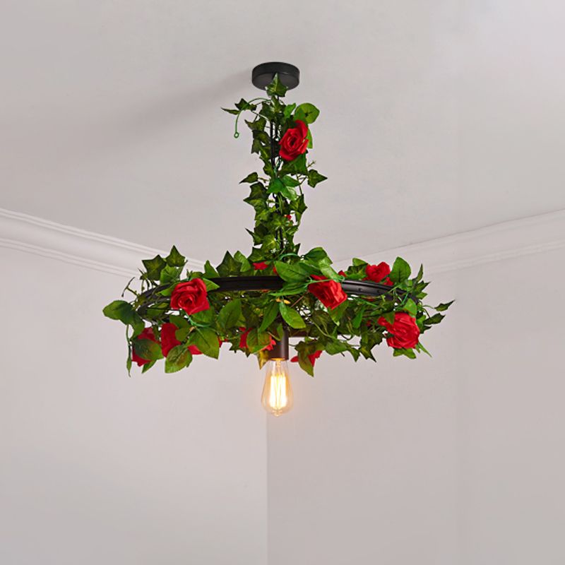 Black Wagon Wheel Ceiling Lamp Farmhouse Metallic 10"/15"/19" W 1-Light Restaurant Pendant Lighting Fixture with Plant Deco