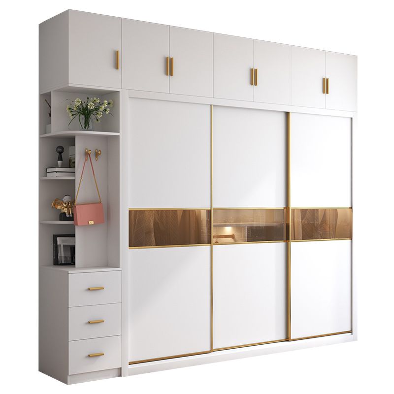 White Engineered Wood Wardrobe Armoire Modern Sliding Door Wardrobe