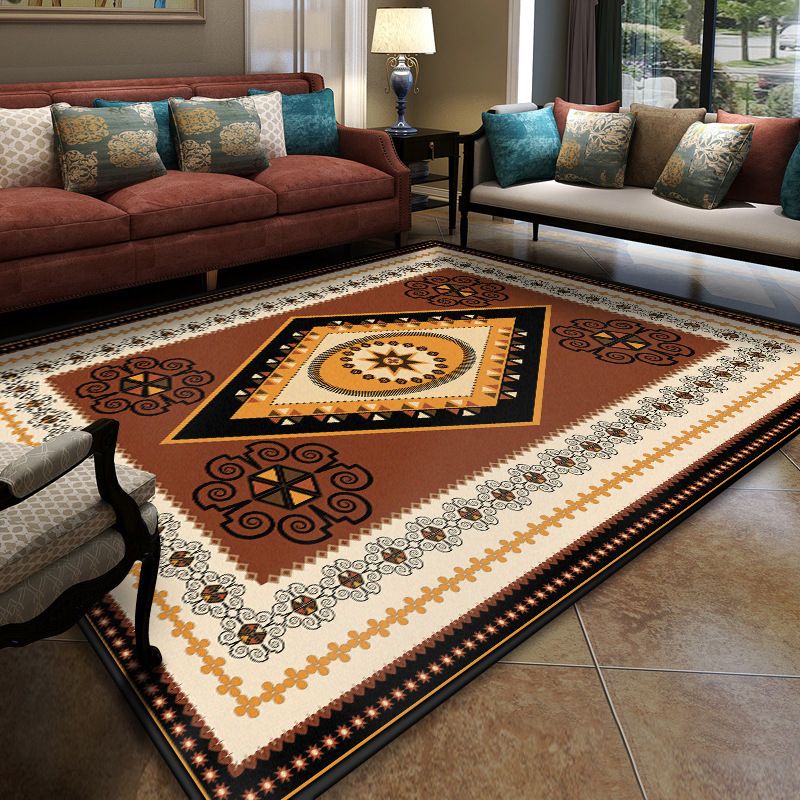 Turkish Meeting Room Area Rug Multicolor Symmetrical Tribal Pattern Rug Polypropylene Anti-Slip Stain Resistant Washable Carpet