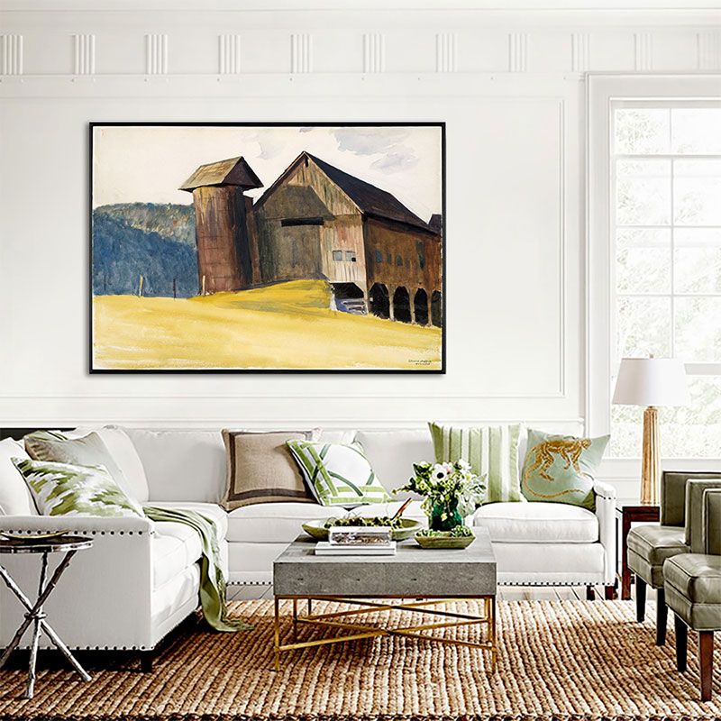 Rustic Style Thatched House Painting Canvas Textured Brown Wall Art for Guest Room