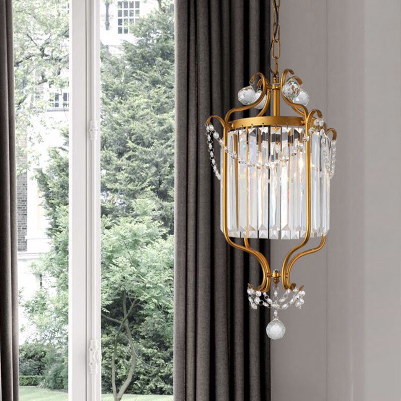 Kristallprisma Drum Anhänger leichte Vintage 3-Licht-Wohnzimmer Hanging Kronleuchter mit goldenem Scrollrahmen