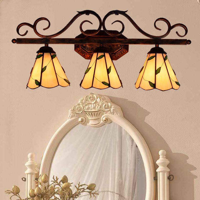 3 Lights Leaf Wall Sconce Lighting Stained Glass Rustic Wall Mount Light in Copper Finish for Bedroom