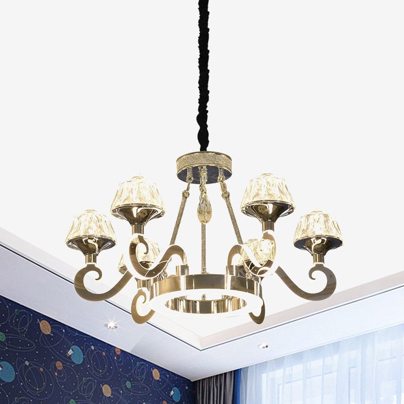 Modern Scrolled Arm Ceiling Light 6 Bulbs Clear Crystal Block Chandelier Lighting Fixture in Chrome