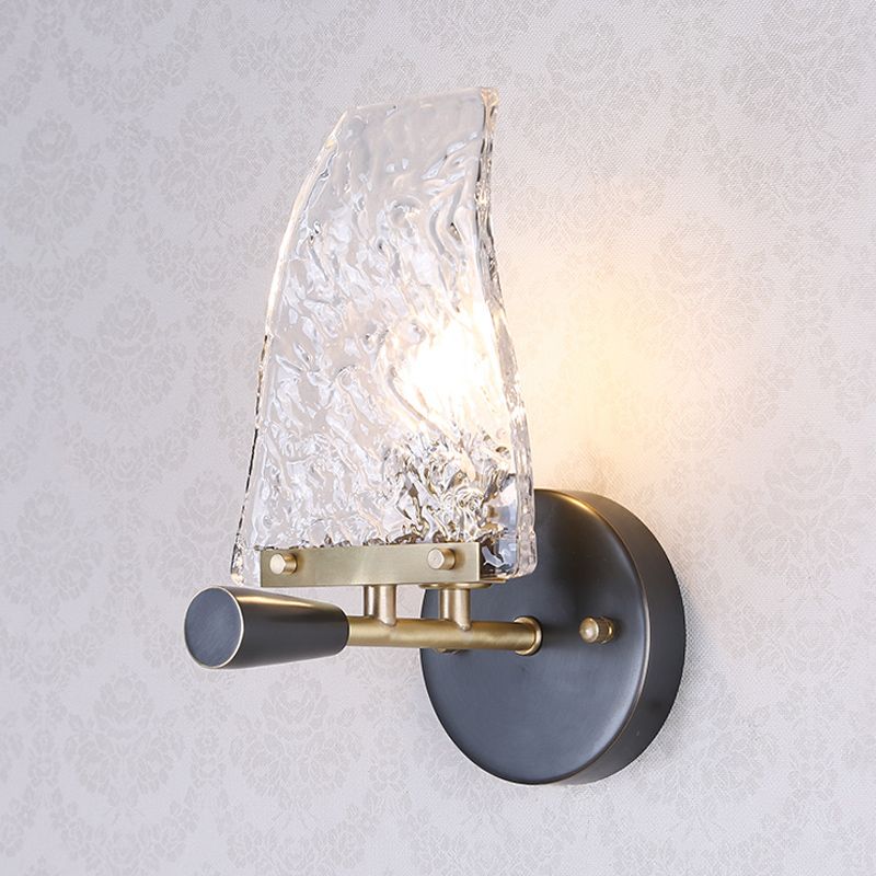 Textured Glass Sail Ship Wall Light Minimalist Novelty 1 Bulb Black Sconce Fixture for Bedroom