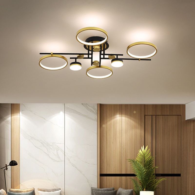 Modern 4/6-Light Semi Flush Mount Gold Hoop Ceiling Mount Chandelier with Metal Frame in Warm/White/3 Color Light