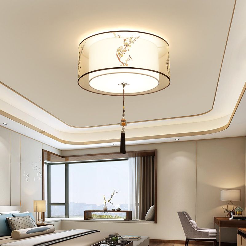 Lampe à encastrer traditionnelle pour chambre à coucher avec abat-jour en tissu géométrique en blanc