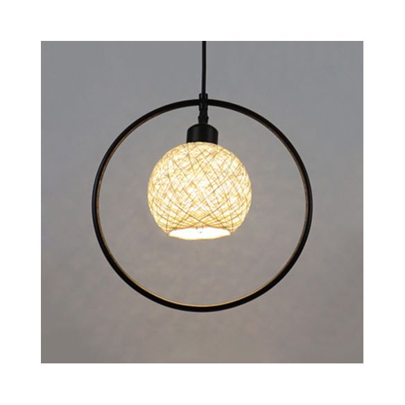 Beige/White Ball Shade Hanging Light Rustic Rattan Single Pendant Lamp with Black Metal Ring