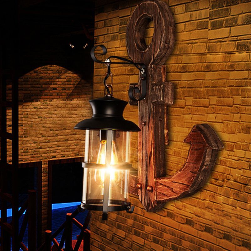 Bronze One Light Sconce Light Industrial Clear Glass Cylinder Wall Lighting Fixture with Cage and Wooden Anchor Backplate