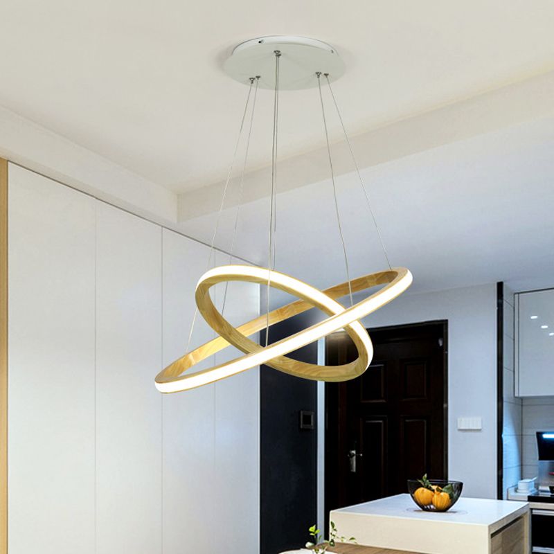 Wood Rings Hanging Chandelier Minimalism LED Ceiling Pendant Light in Beige, 21"/25" Width
