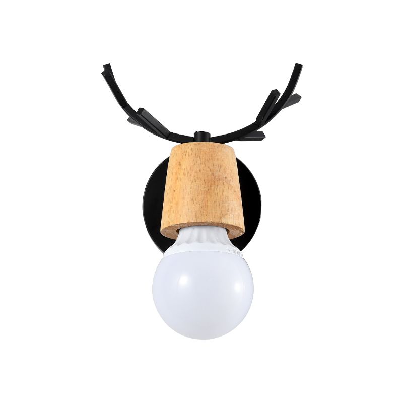 Nordic Shadeless Rotatable Wall Lamp Wood 1 Head Bedroom Sconce Lighting in Black/White with Antler Top