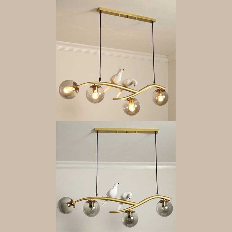 4-lights Branches Glass Orb Island Light Nordic Style Decorative Birds Design Dining Room Lighting Fixture