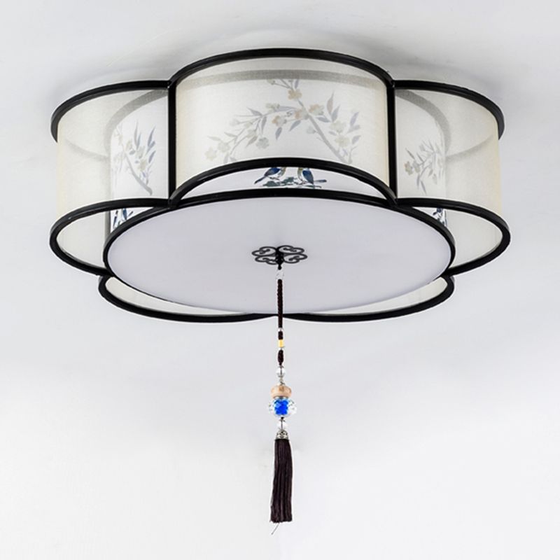 New Chinese Style Ceiling Light Geometry Shape Ceiling Lamp with Fabric Shade for Bedroom
