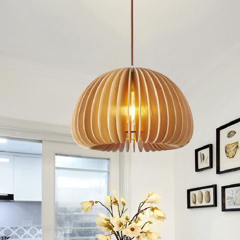 1 Light Pumpkin Shape Wooden Pendant Light Modern Style Living Room Hanging Lamp Fixture