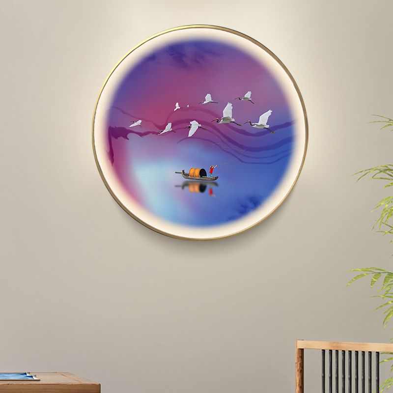 Purplish Blue Circular Wall Mural Light Asia LED Metallic Wall Lamp with Crane and Boat Pattern