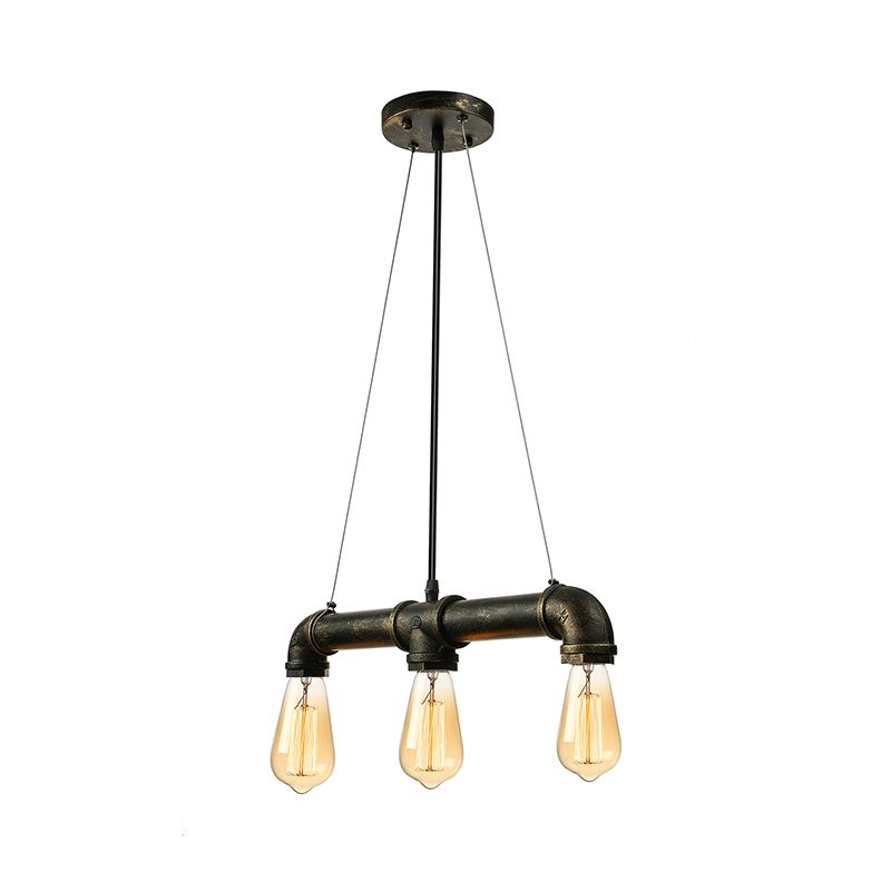 Aged Brass Pipe Ceiling Light Fixture with Open Bulb Antique Style Iron 3 Lights Indoor Island Pendant Light