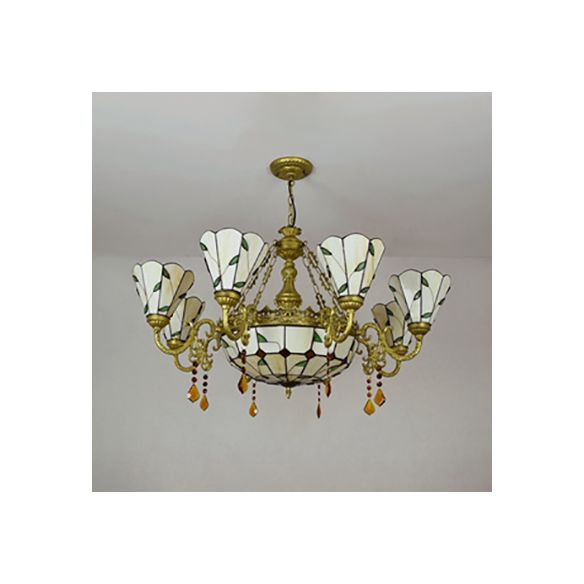 9 Lights Hanging Light Industrial Vintage Stained Glass Chandelier with Leaf Pattern in Beige