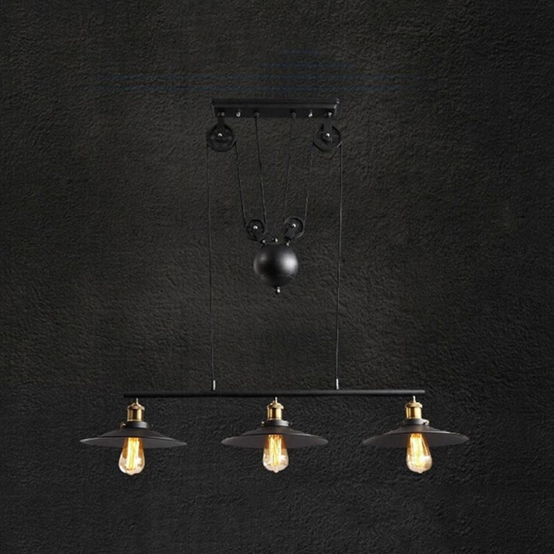 Black 3-Light Pulley Island Pendant Light in Industrial Retro Style Wrought Iron Hanging Lamp for Dining Room
