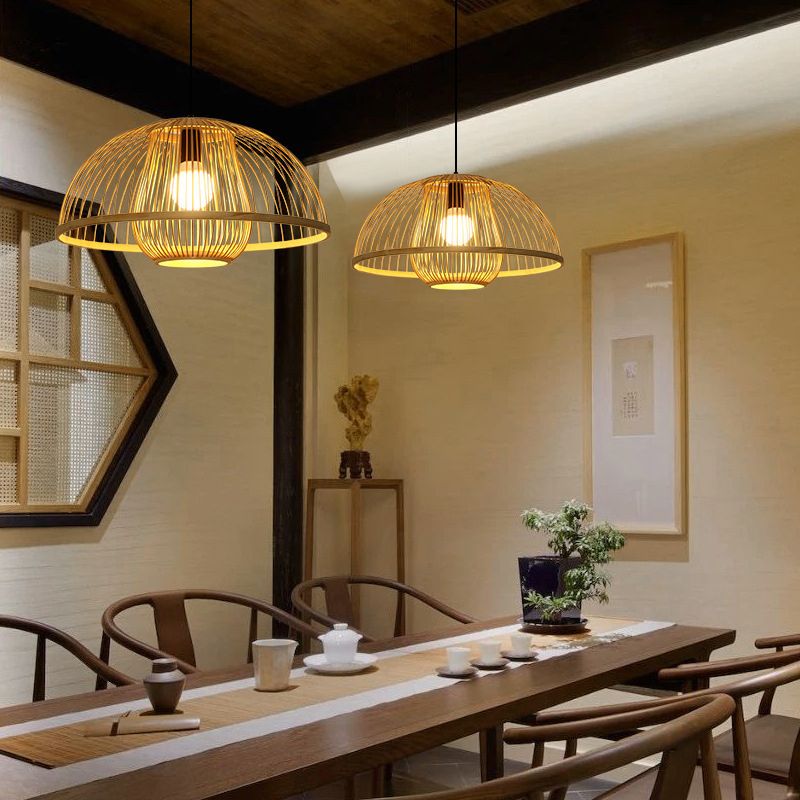 1 Light Bowl Hanging Light Fixtures Chinese Bamboo Ceiling Light for Restaurant