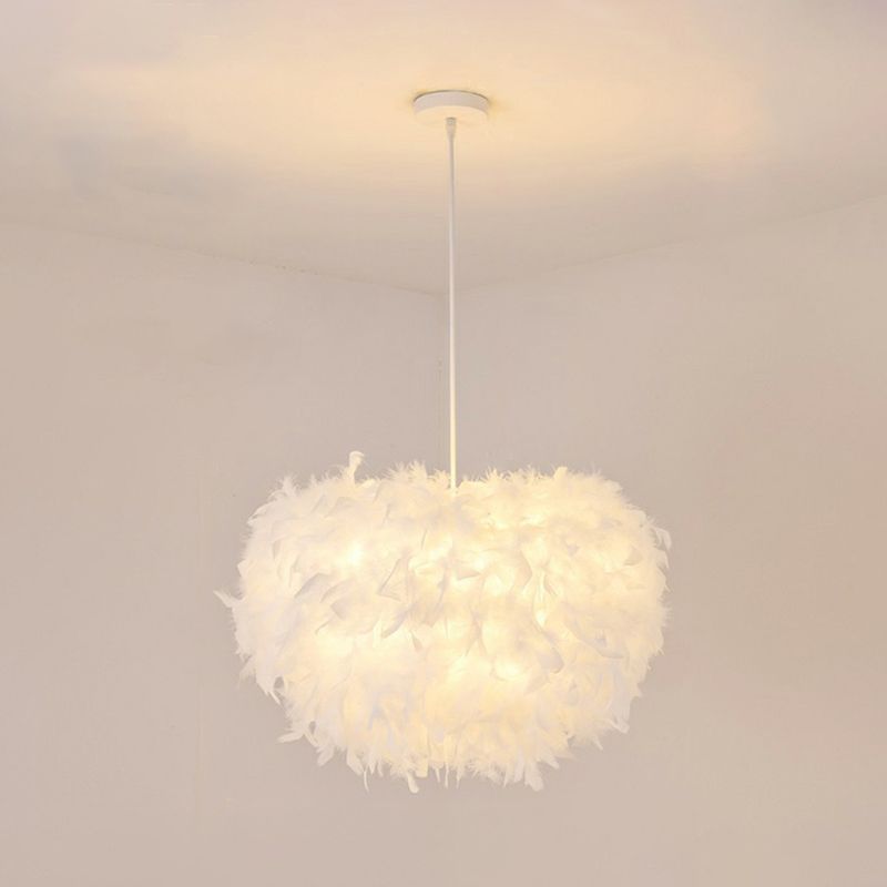 Minimalistic Hemisphere Suspension Light Feather Living Room Pendant Light Fixture in White