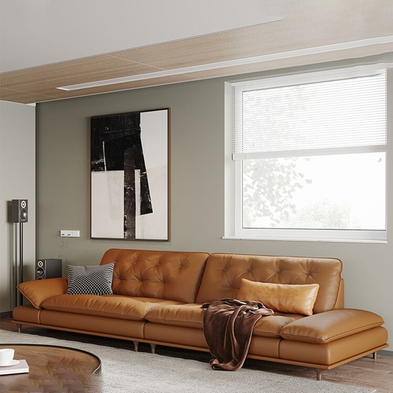 Tufted Pillow Top Arm Sofa Brown Genuine Leathersofa with 2 Cushions
