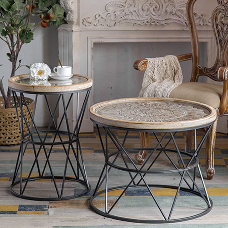 Round Shape Solid Wood End Table with Metal Base Corner Table for Living Room