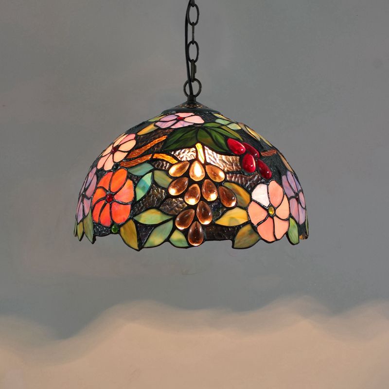 Domed Hanging Pendant Light Stained Glass Mediterranean Pendant Light Fixture in Blue