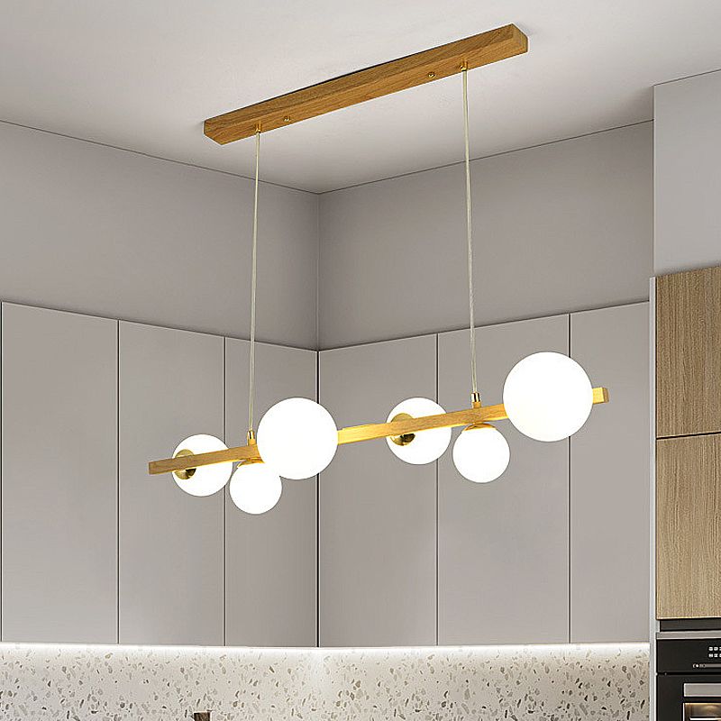 Natural Wood Finish Chandelier 6-Light Glass Shaded Ceiling Light with Adjustable Height